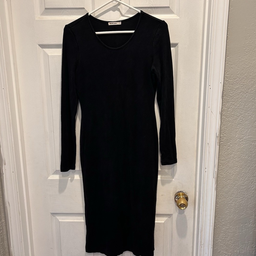 Marine Layer Lexi Rib Long Sleeve Midi Dress Black Womens Large Lined Lyocell‎
